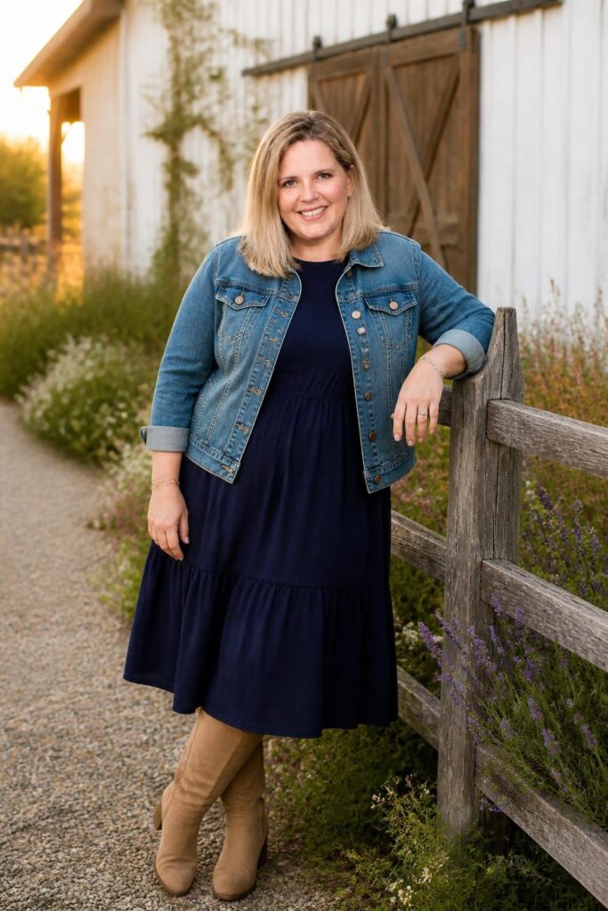 Candace Alley beside a white barn wearing a denim jacket at sunset