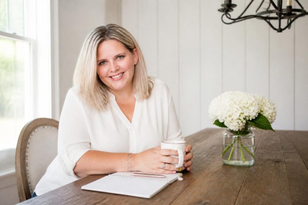 Candace Alley seated at a dining table with a notebook and coffee