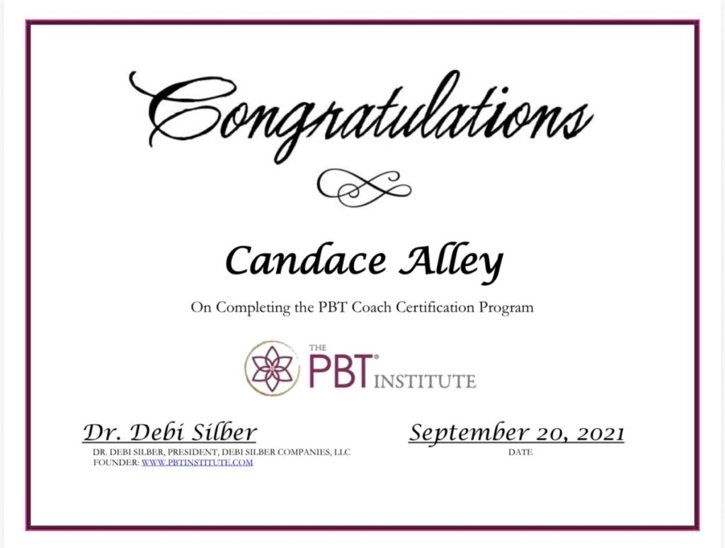 PBT Coach Certification awarded to Candace Alley by The PBT Institute